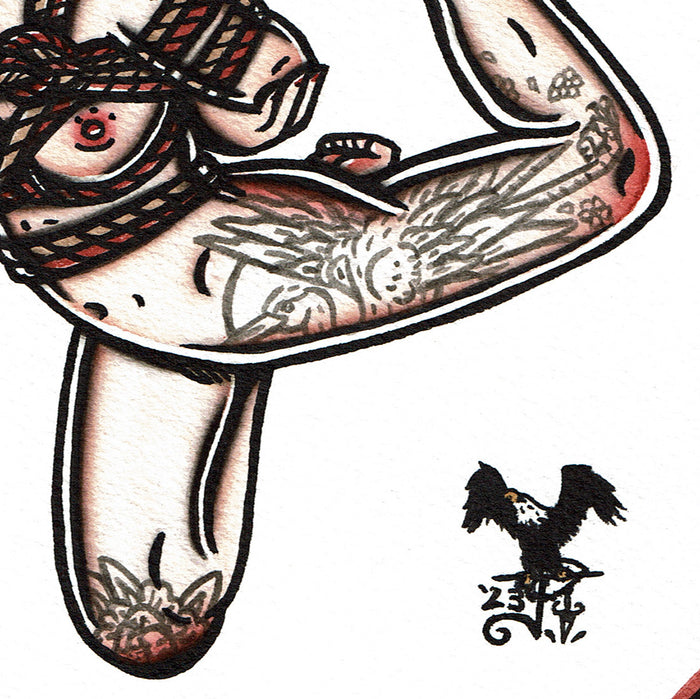 American traditional tattoo flash illustration Heart Shibari Bondage Pinup watercolor painting.