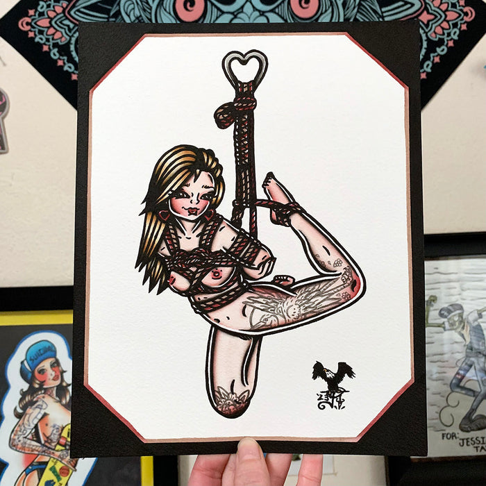 American traditional tattoo flash illustration Heart Shibari Bondage Pinup watercolor painting.