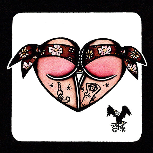 American traditional tattoo flash Hippie Floral Scrunch Butt Bikini Booty Heart watercolor painting.