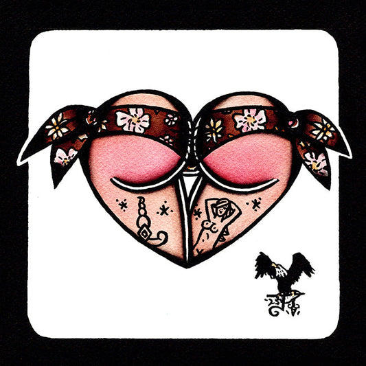 American traditional tattoo flash Hippie Floral Scrunch Butt Bikini Booty Heart watercolor painting.