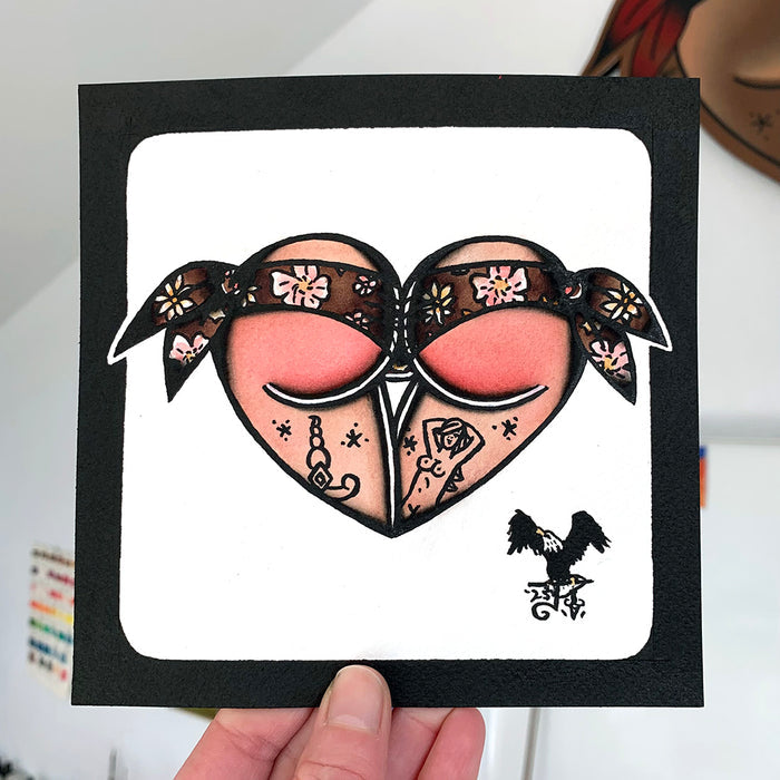 American traditional tattoo flash Hippie Floral Scrunch Butt Bikini Booty Heart watercolor painting.