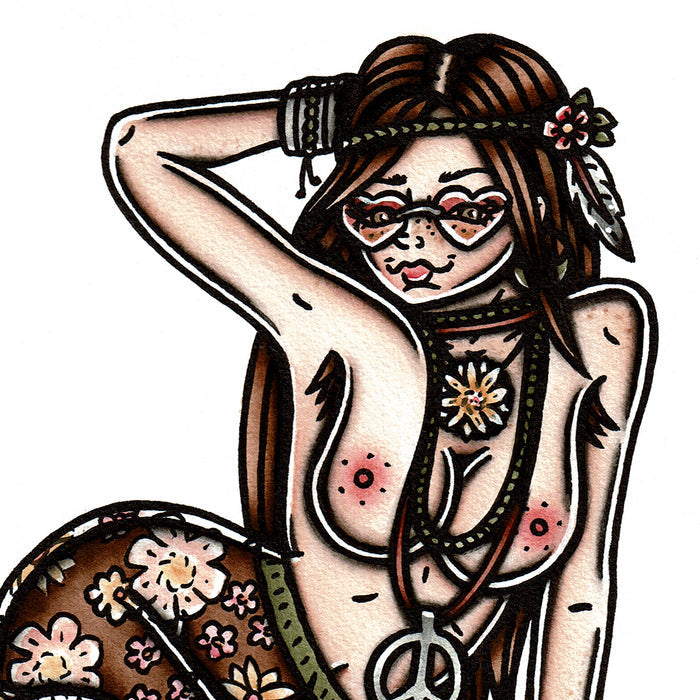American traditional tattoo flash Hippie Pinup original painting.
