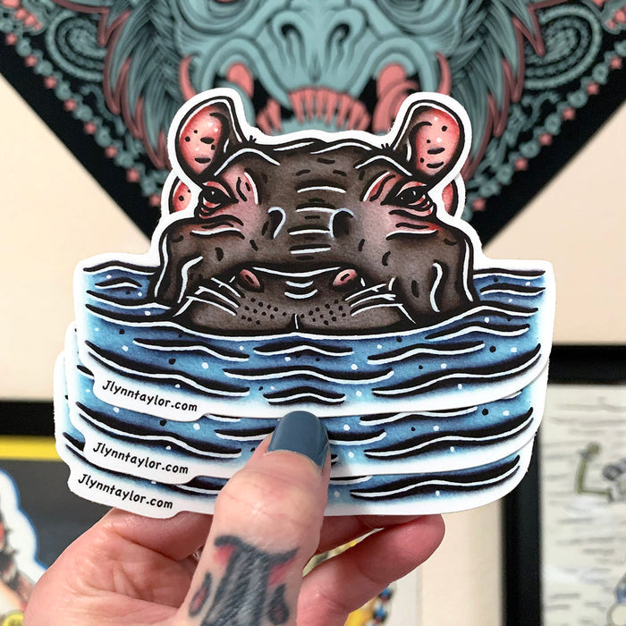 American traditional tattoo flash wildlife illustration Hippopotamus watercolor sticker.