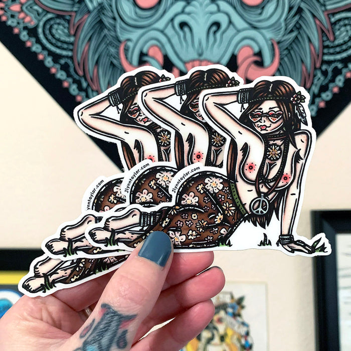 American traditional tattoo flash illustration topless Hippie Pinup watercolor sticker.