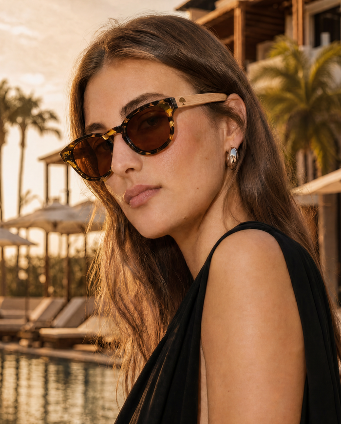 Hoʻokele Koa and Tortoise Sunglasses - Front View 2