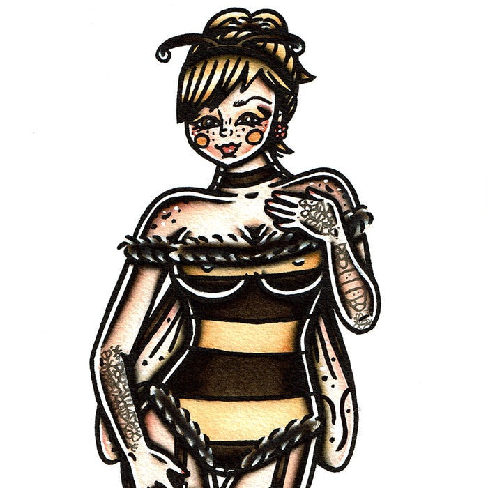 American traditional tattoo flash Honey Bee Pinup watercolor painting.