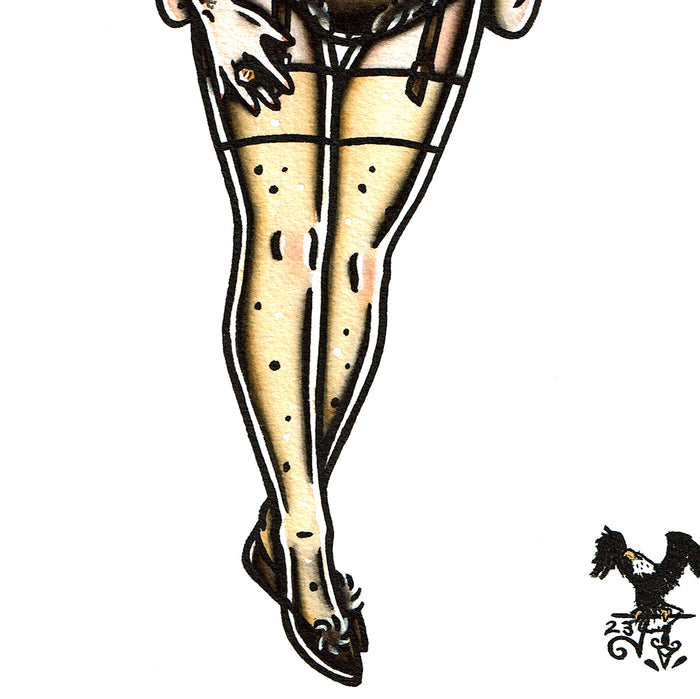 American traditional tattoo flash Honey Bee Pinup watercolor painting.