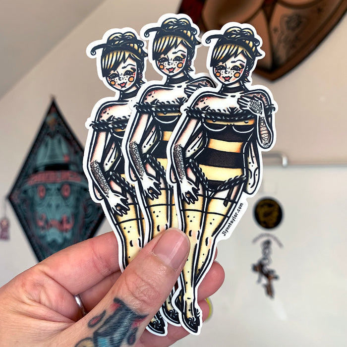 American traditional tattoo flash Honey Bee Pinup watercolor sticker.