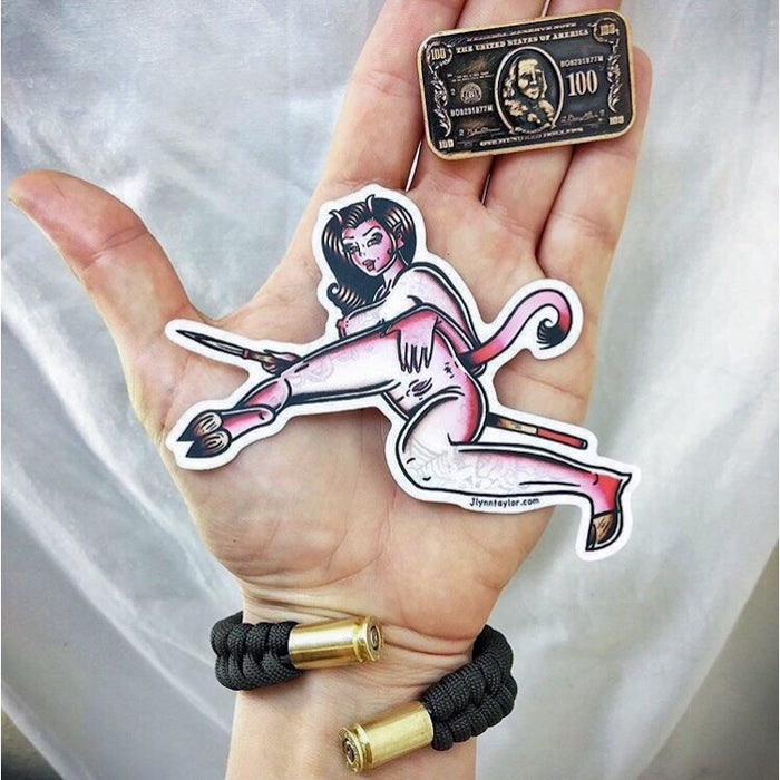 American traditional tattoo flash Horny Devil Pinup watercolor sticker.