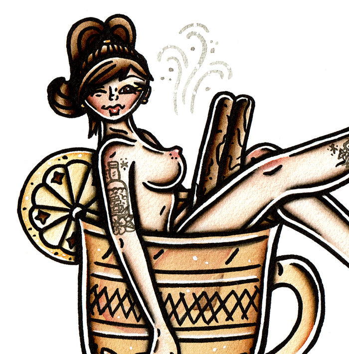 American traditional tattoo flash Hot Toddy Pinup watercolor painting.