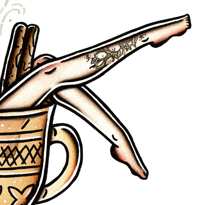 American traditional tattoo flash Hot Toddy Pinup watercolor painting.