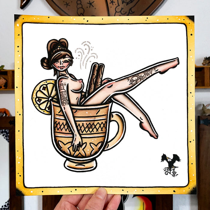 American traditional tattoo flash Hot Toddy Pinup watercolor painting.