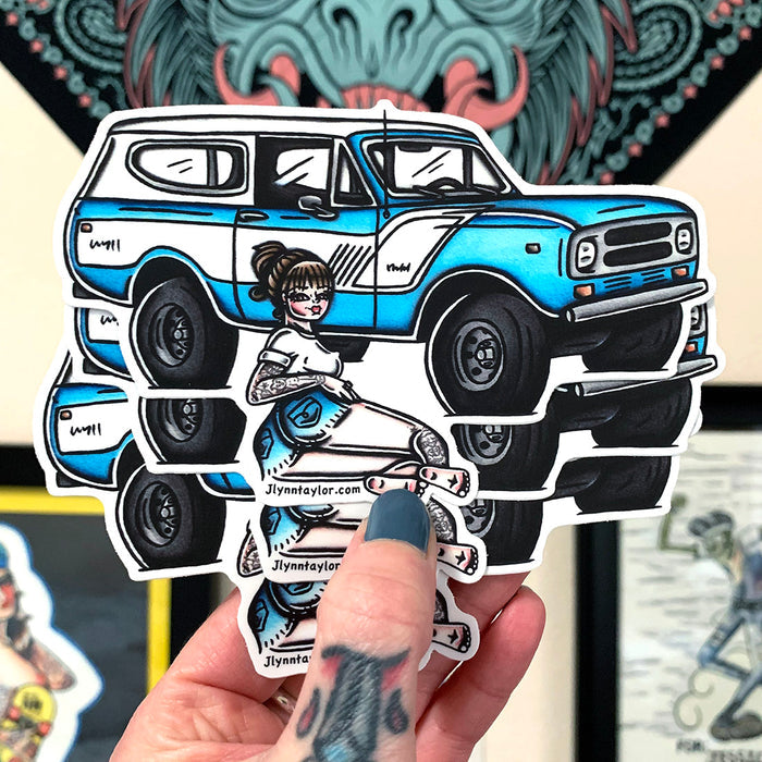 American traditional tattoo flash illustration classic International Harvester Scout Pinup watercolor sticker.