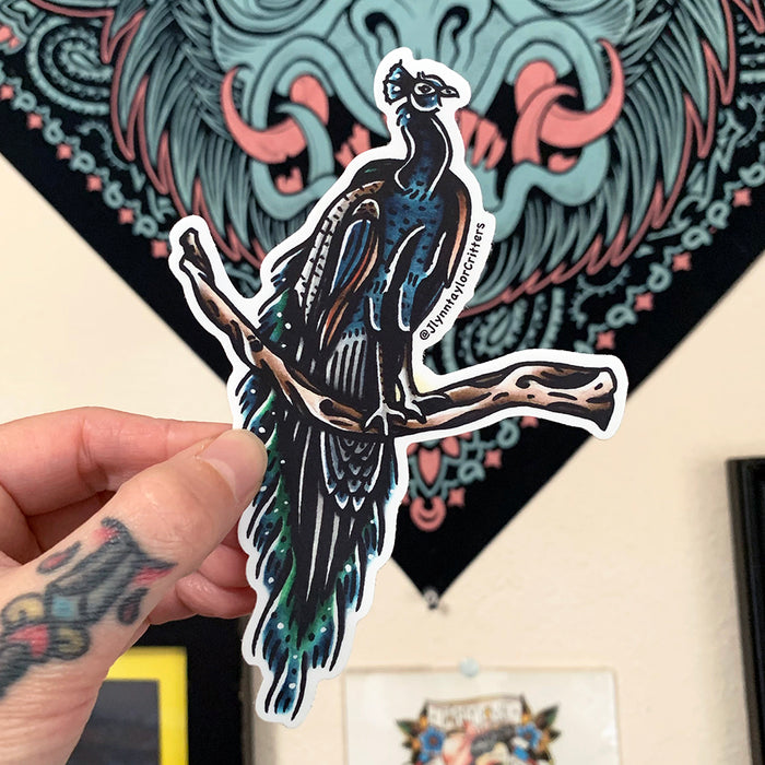 American traditional tattoo flash wildlife illustration Indian Peafowl Peacock watercolor sticker.