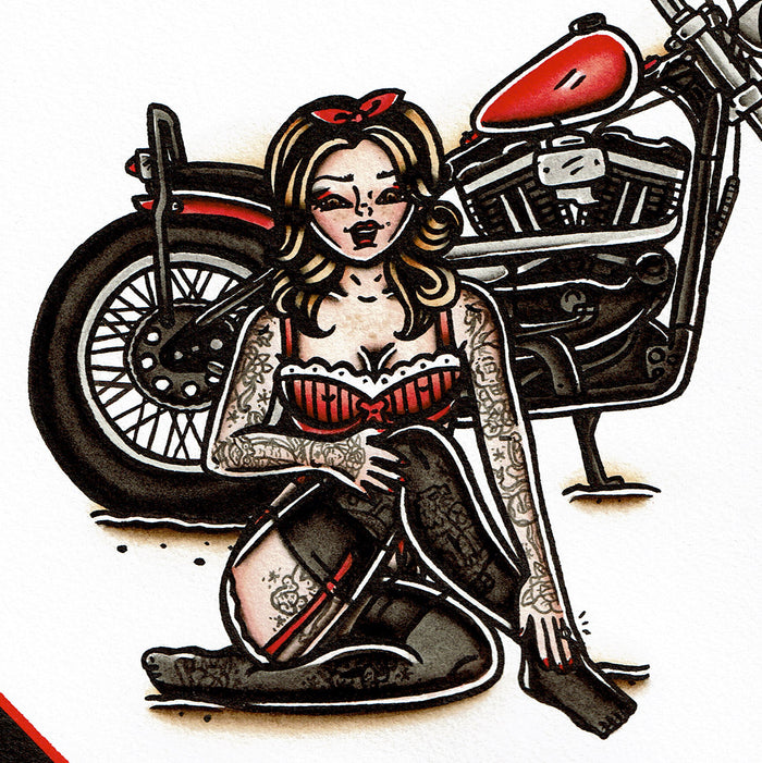 American traditional tattoo flash illustration 2016 Harley Davidson Iron 883 Sportster Chopper Pinup watercolor painting.