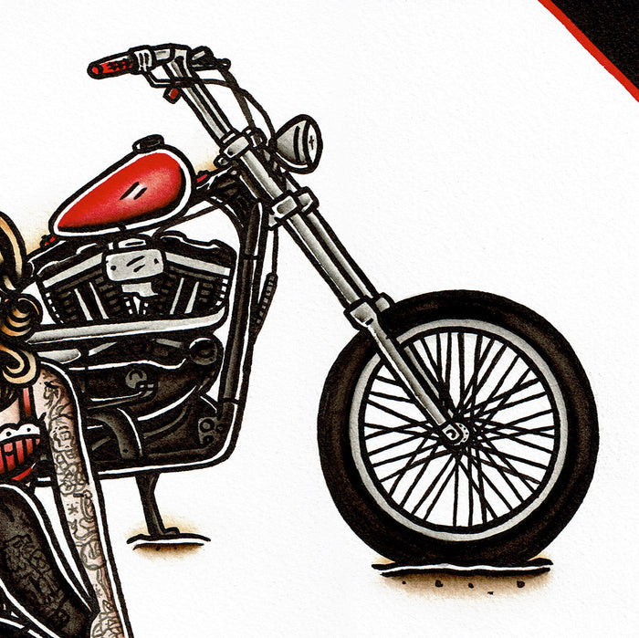 American traditional tattoo flash illustration 2016 Harley Davidson Iron 883 Sportster Chopper Pinup watercolor painting.