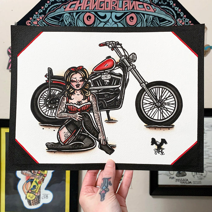 American traditional tattoo flash illustration 2016 Harley Davidson Iron 883 Sportster Chopper Pinup watercolor painting.