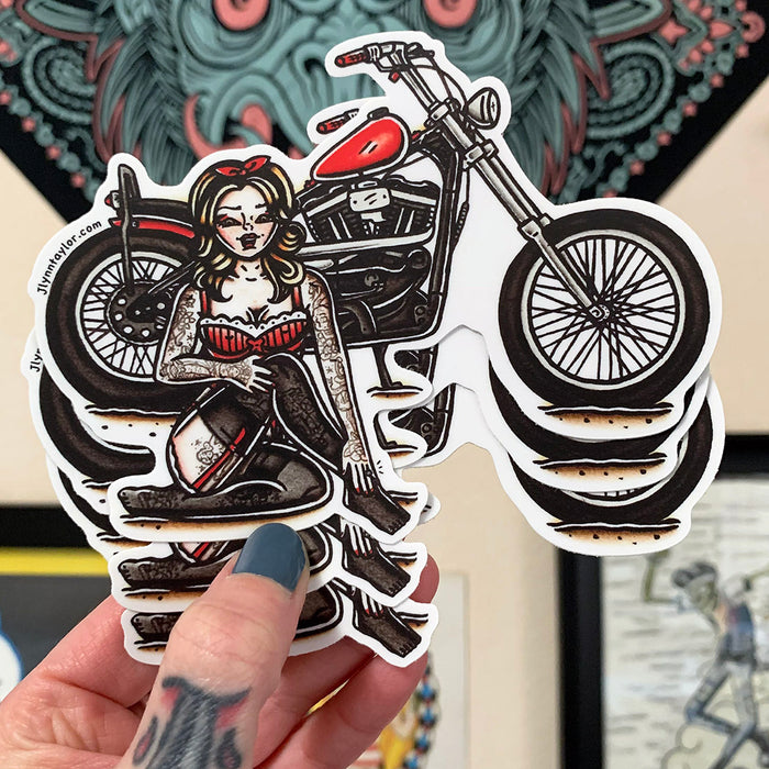 American traditional tattoo flash Harley Davidson Iron 883 Sportster Chopper Pinup watercolor sticker.