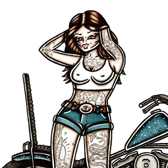 American traditional tattoo flash Harley-Davidson Ironhead Chopper Pinup watercolor painting.