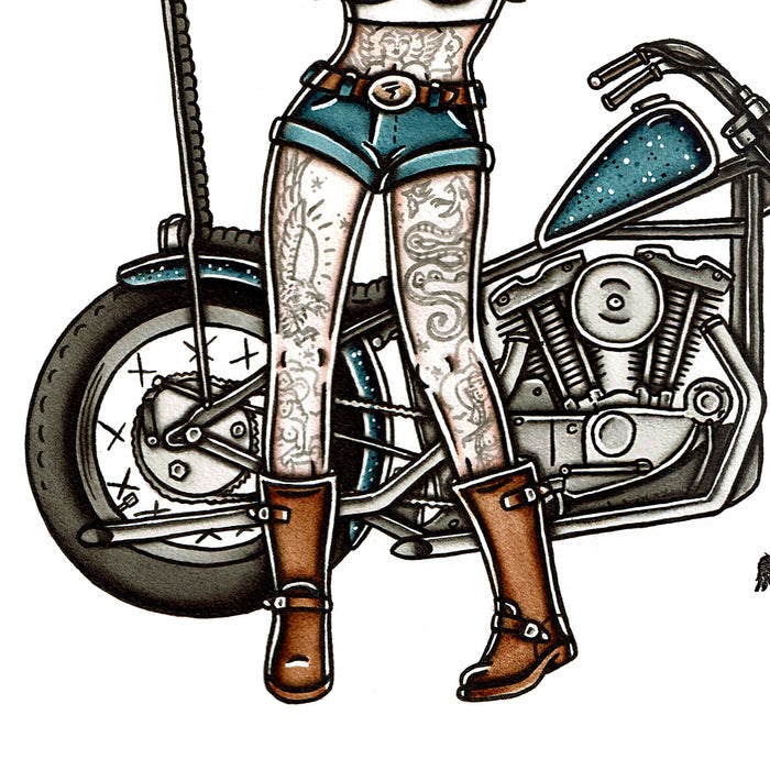 American traditional tattoo flash Harley-Davidson Ironhead Chopper Pinup watercolor painting.
