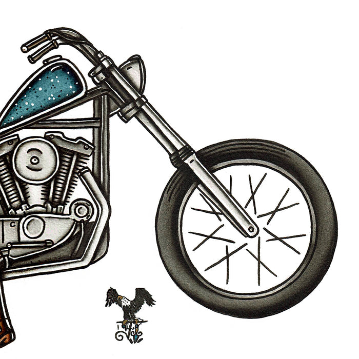 American traditional tattoo flash Harley-Davidson Ironhead Chopper Pinup watercolor painting.