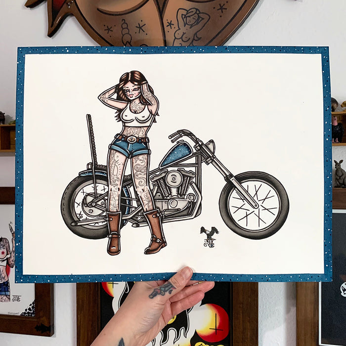 American traditional tattoo flash Harley-Davidson Ironhead Chopper Pinup watercolor painting.