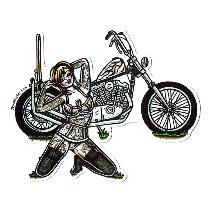 American traditional tattoo flash Ironhead Sportster Chopper Pinup watercolor sticker.