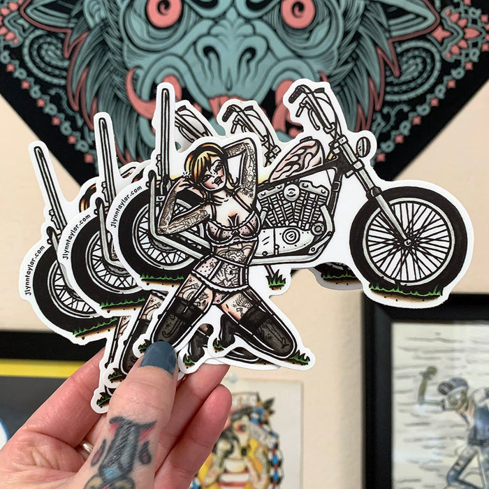 American traditional tattoo flash Ironhead Sportster Chopper Pinup watercolor sticker.
