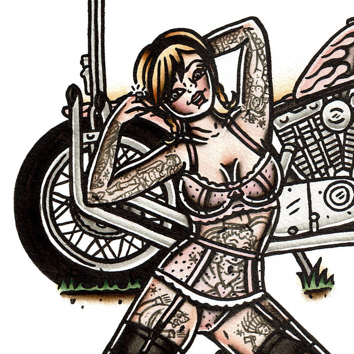 American traditional tattoo flash illustration 1971 Harley Davidson Ironhead Chopper Pinup watercolor painting.