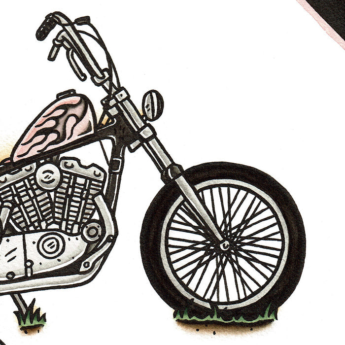 American traditional tattoo flash illustration 1971 Harley Davidson Ironhead Chopper Pinup watercolor painting.