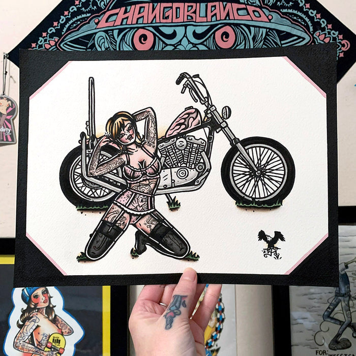 American traditional tattoo flash illustration 1971 Harley Davidson Ironhead Chopper Pinup watercolor painting.
