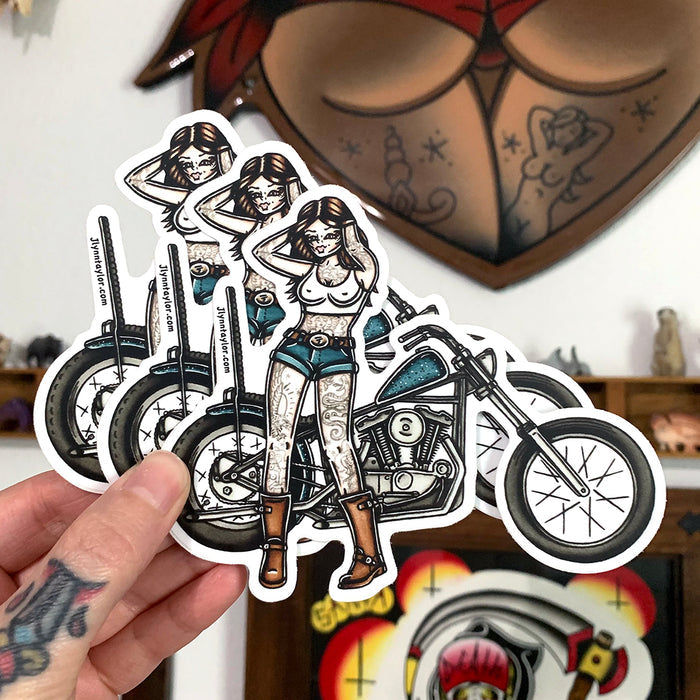 American traditional tattoo flash Ironhead Chopper Pinup watercolor sticker.