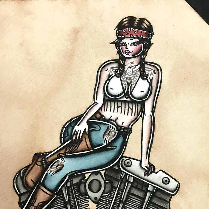 American Traditional tattoo flash sexy Harley-Davidson Ironhead engine pinup spitshade painting.