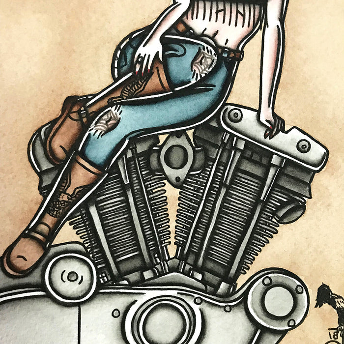 American Traditional tattoo flash sexy Harley-Davidson Ironhead engine pinup spitshade painting.
