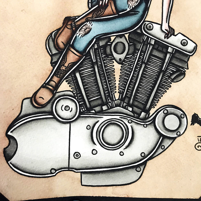 American Traditional tattoo flash sexy Harley-Davidson Ironhead engine pinup spitshade painting.