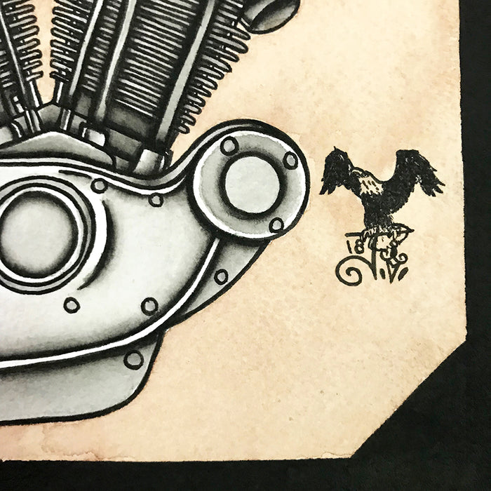 American Traditional tattoo flash sexy Harley-Davidson Ironhead engine pinup spitshade painting.