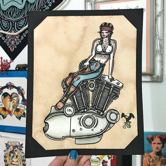 American Traditional tattoo flash sexy Harley-Davidson Ironhead engine pinup spitshade painting.