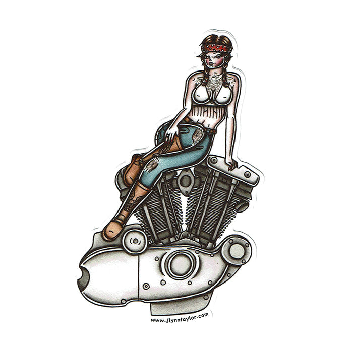 American Traditional tattoo flash illustration Harley Motorcycle Ironhead Engine Pinup watercolor sticker.