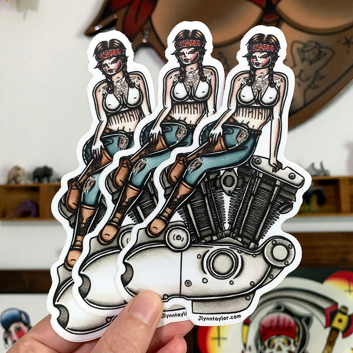 American Traditional tattoo flash illustration Harley Motorcycle Ironhead Engine Pinup watercolor sticker.