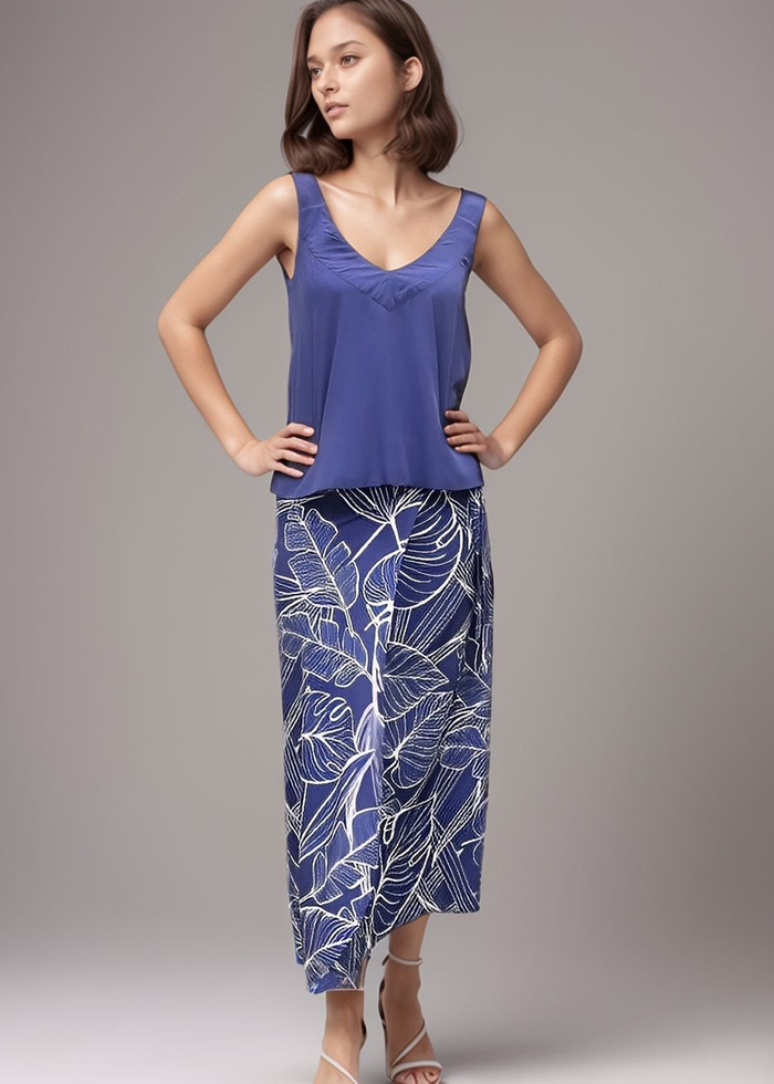 Island Wrap Skirt - Blue Palm - Front View