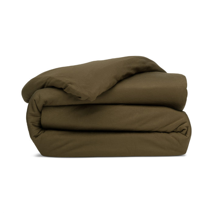 A folded duvet cover in forest green, with a zipper and corner ties visible.