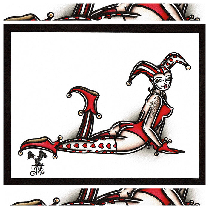 American Traditional tattoo flash sexy jester pinup spitshade painting.