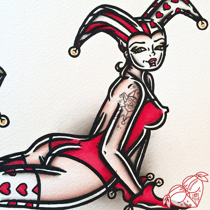 American Traditional tattoo flash sexy jester pinup spitshade painting.