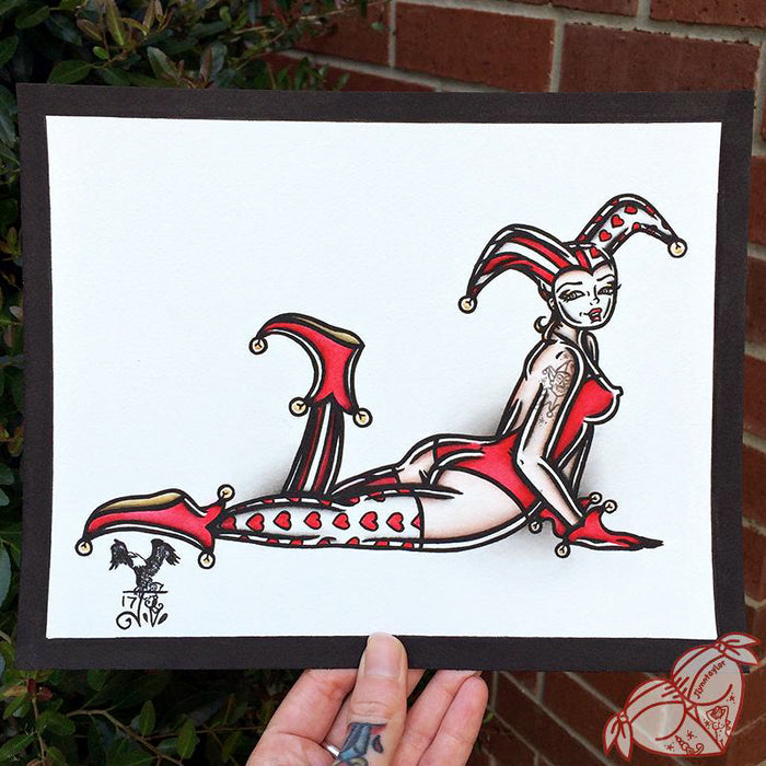 American Traditional tattoo flash sexy jester pinup spitshade painting.