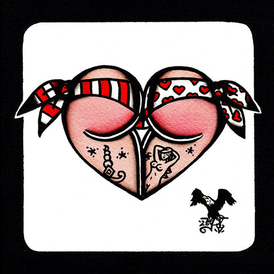 American traditional tattoo flash Jester Harlequin Scrunch Butt Bikini Booty Heart watercolor painting.