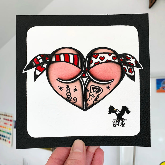 American traditional tattoo flash Jester Harlequin Scrunch Butt Bikini Booty Heart watercolor painting.