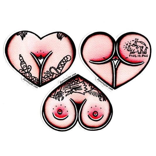American traditional tattoo flash Jlynntaylor butt booty boobie Heart watercolor sticker set.