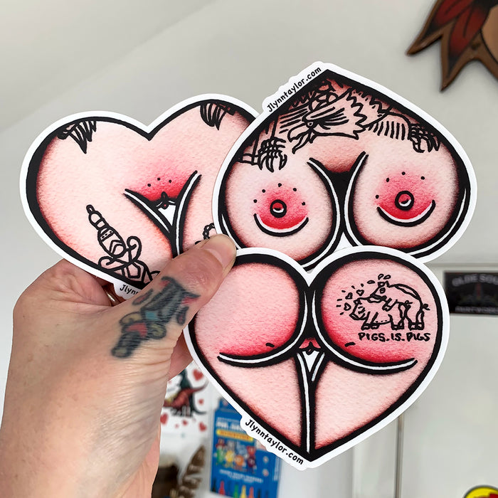 American traditional tattoo flash Jlynntaylor butt booty boobie Heart watercolor sticker set.