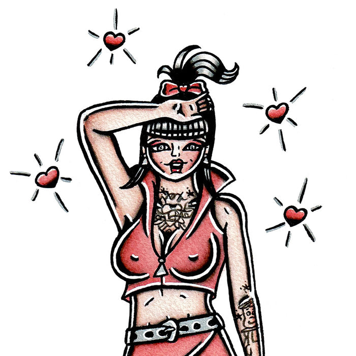 American traditional tattoo flash Judy Jetson Pinup watercolor painting.
