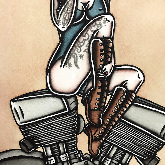American Traditional tattoo flash sexy Harley-Davidson K-Model engine pinup spitshade painting.